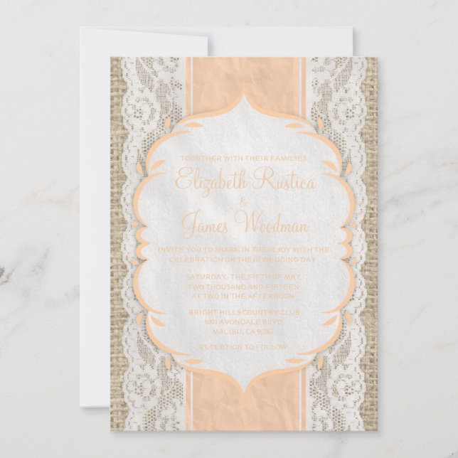Convite De Casamento De Peach Vintage Linen Burlap (Frente)