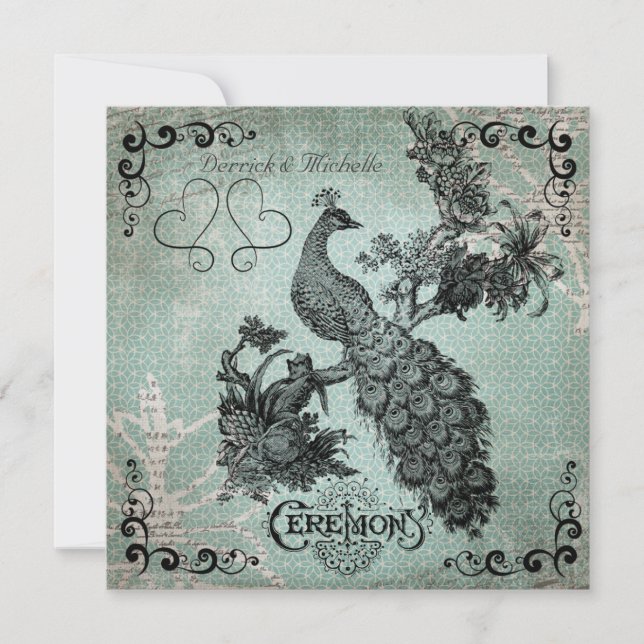 Convite De Casamento De Peacock Design Azul (Frente)