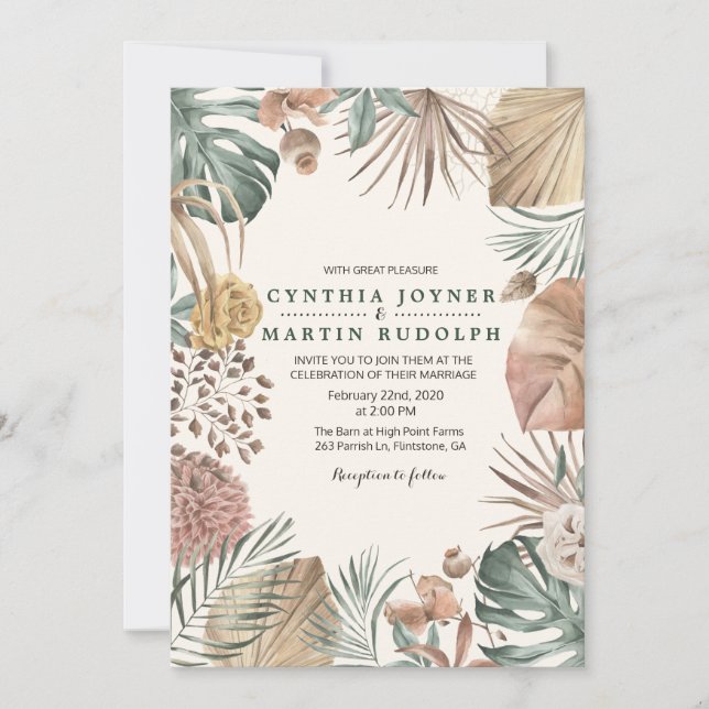 Convite de Casamento de Planta Floral Boho (Frente)