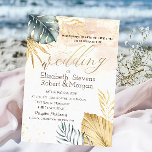 Convite de Casamento de Praia com Folhas de Palmei