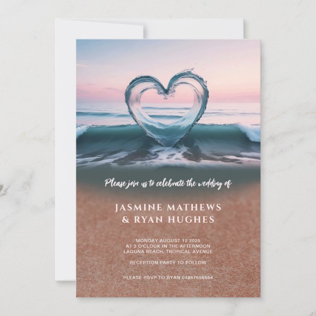 Convite de casamento de praia, coração de amor (Frente)