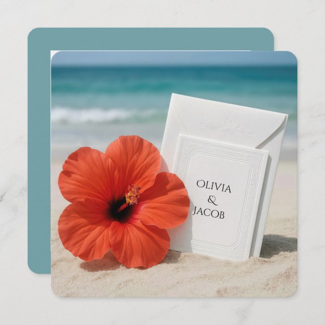 Convite De Casamento De Praia De Hibiscus Em Areia (Frente/Verso)