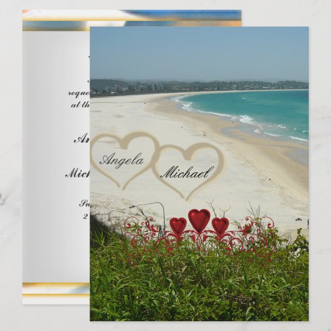 Convite de Casamento de Praia Elegante Corações Ve (Frente/Verso)