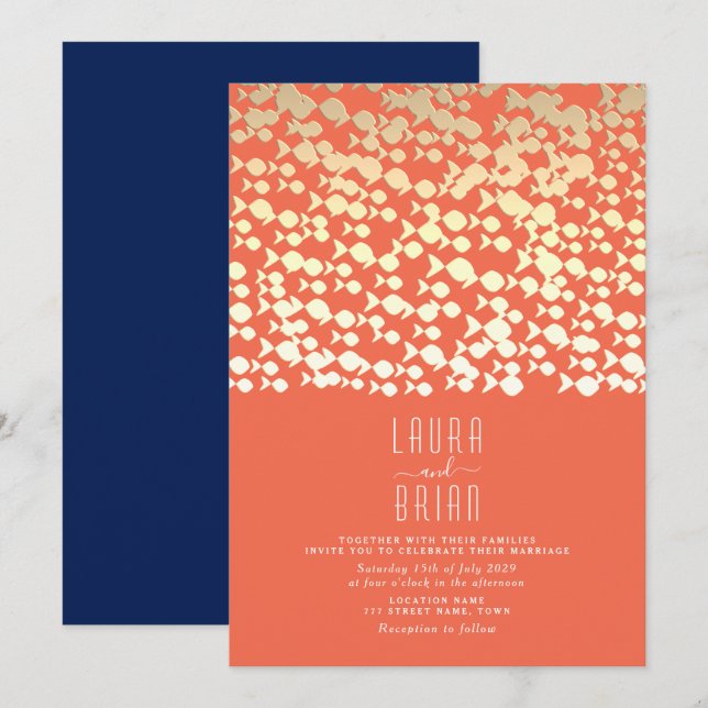 Convite de Casamento de Praia em Dourado e Azul Ma (Frente/Verso)