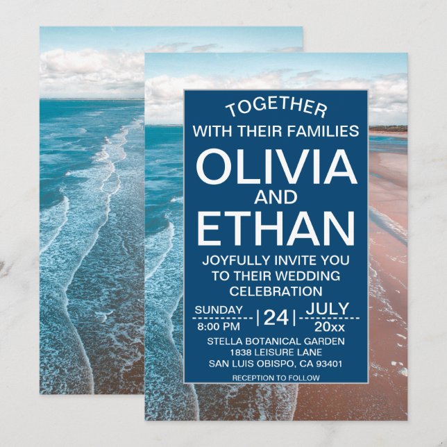 Convite de Casamento de praia marinho azul-litoral (Frente/Verso)