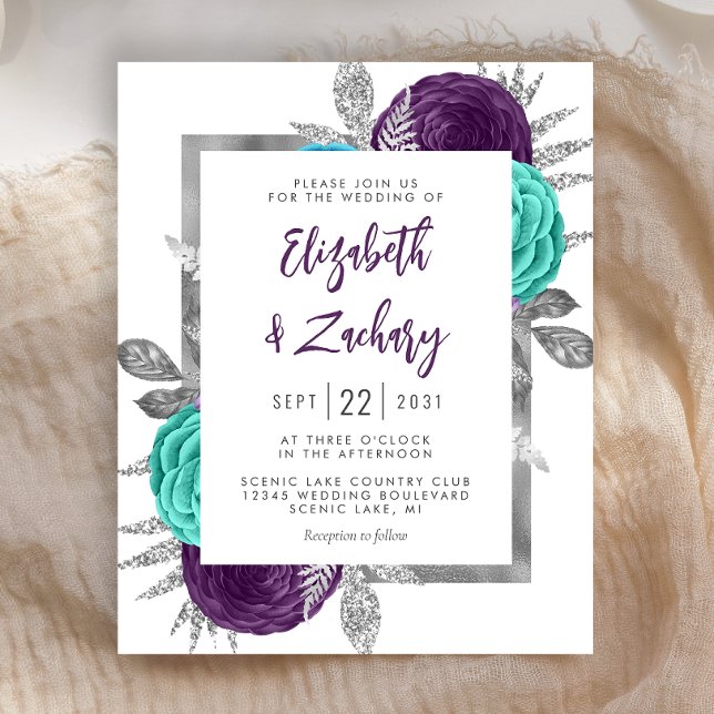 Convite de casamento de Prata Teal Roxo do Orçamen (Criador carregado)