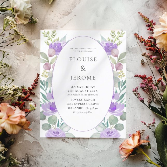 Convite De Casamento De Púrpura Floral Com Aquarel (Criador carregado)