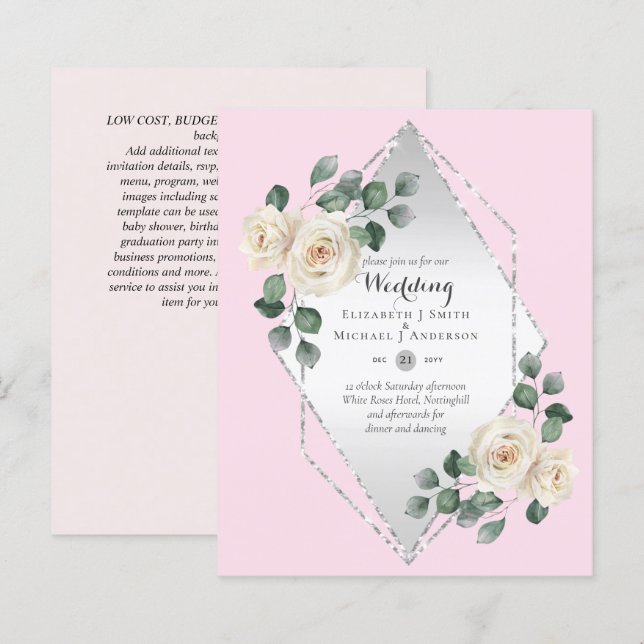 Convite de casamento de Quadro de Diamante Rosa Br (Frente/Verso)