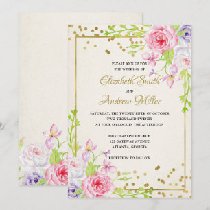 Convite de casamento de Quadro Dourado Moderno Flo