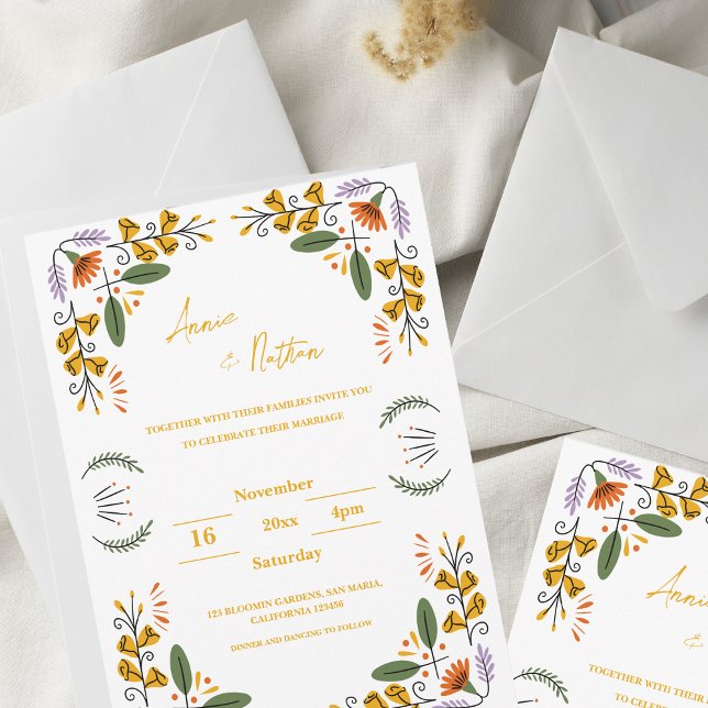 Convite de Casamento de Quadro Floral Amarelo Dese (Hand Drawn yellow Floral Frame Wedding Invitation)