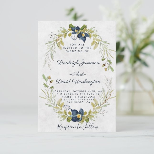 Convite de casamento de quadro floral azul (Em pé/Frente)