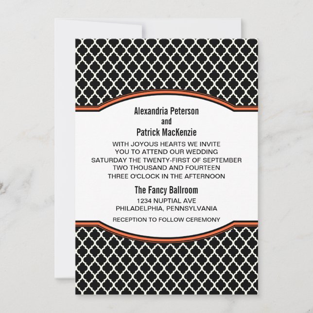 Convite de casamento de Quatrefoil Elegante Laranj (Frente)