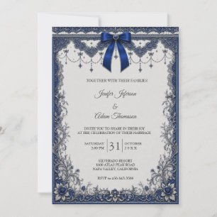 Convite de Casamento de Renda Azul Real Vintage El