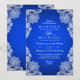 Convite de Casamento de Renda Floral Azul Real Ele