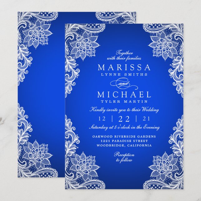 Convite de Casamento de Renda Floral Azul Real Ele (Frente/Verso)