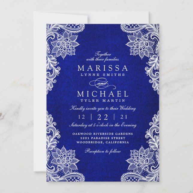 Convite de Casamento de Renda Floral Azul Real Ele (Frente)