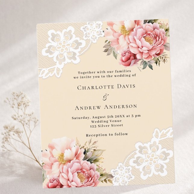 Convite de casamento de renda floral rosa bege (Criador carregado)