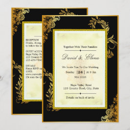 Convite de Casamento de Renda Preta e Dourada de L