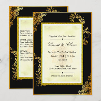 Convite de Casamento de Renda Preta e Dourada de L