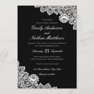 Convite de Casamento de Renda Preto e Branco Elega