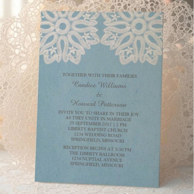 Convite de casamento de rendas Elegante Azul (Blue Elegant Lace Wedding Invite)