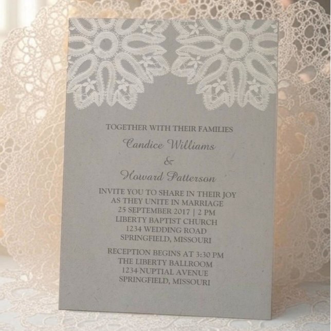 Convite de casamento de rendas Elegante da cinza (Gray Elegant Lace Wedding Invite)