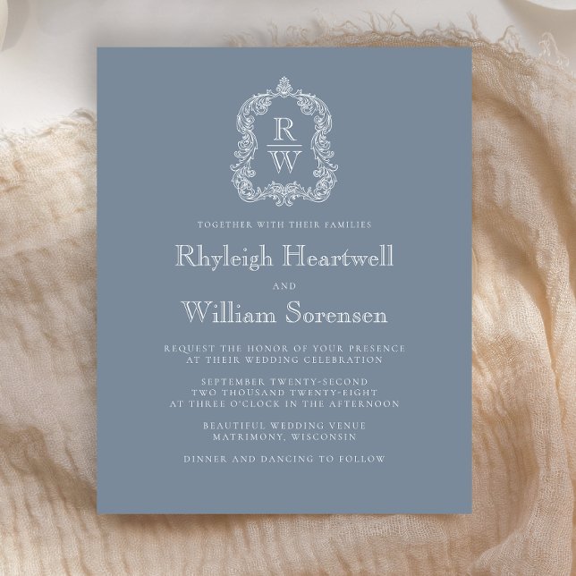 Convite de casamento de repouso do monograma azul  (Criador carregado)