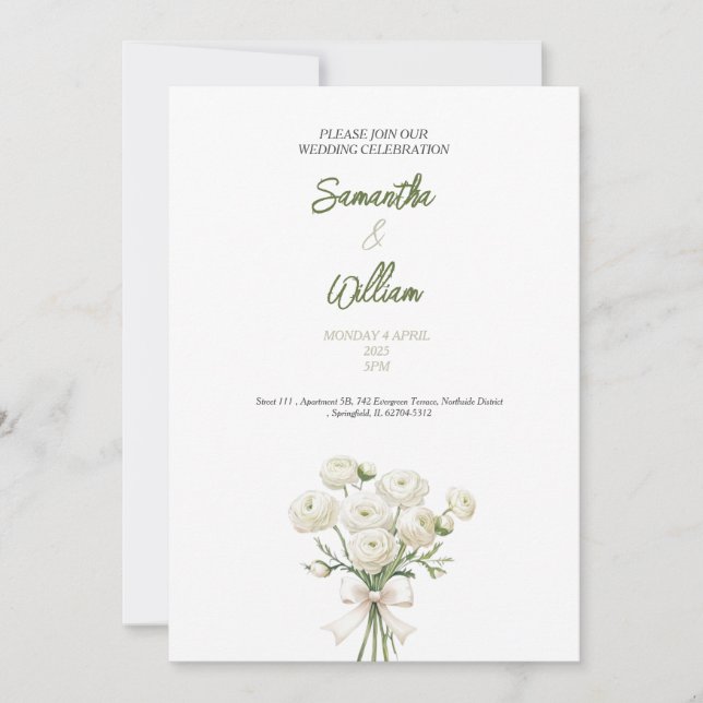convite de casamento de rosa branca dourada elegan (Frente)