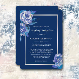 Convite De Casamento De Rosa De Silver Floral Azul