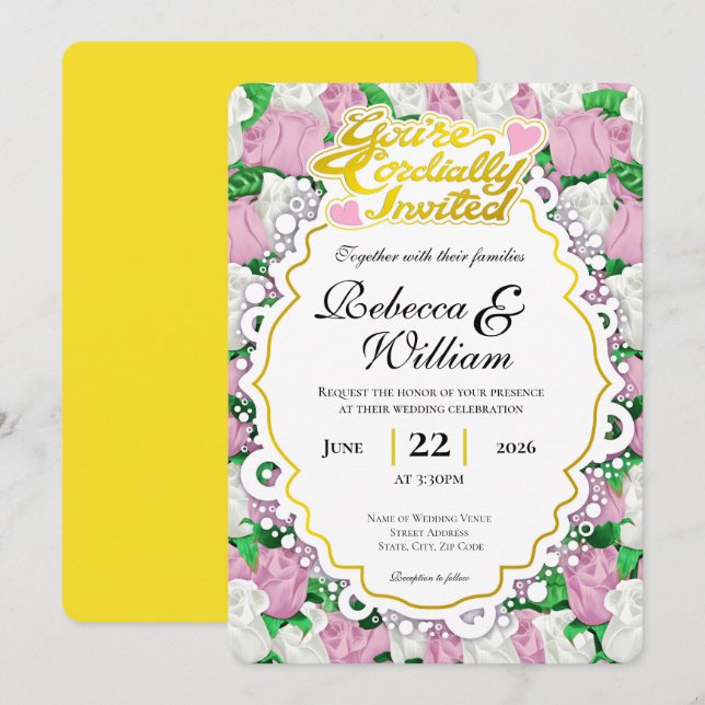 Convite de Casamento de Rosa Rosa e Branca - Letra (Frente/Verso)