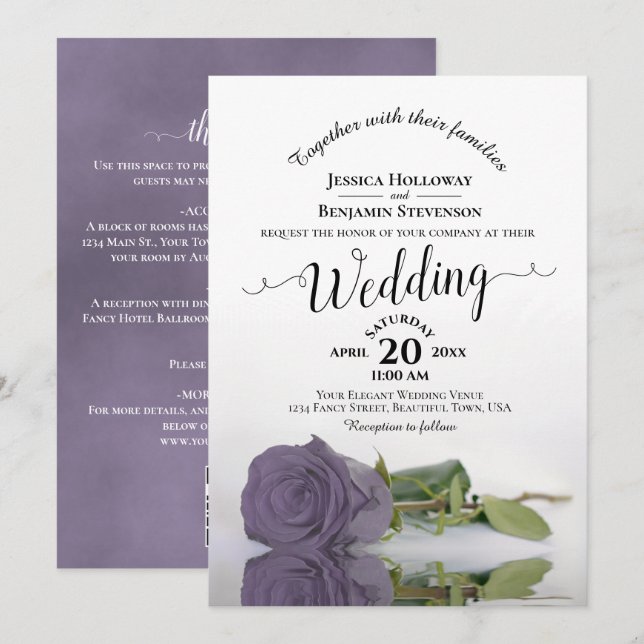 Convite de casamento de rosa roxa em pó com código (Frente/Verso)
