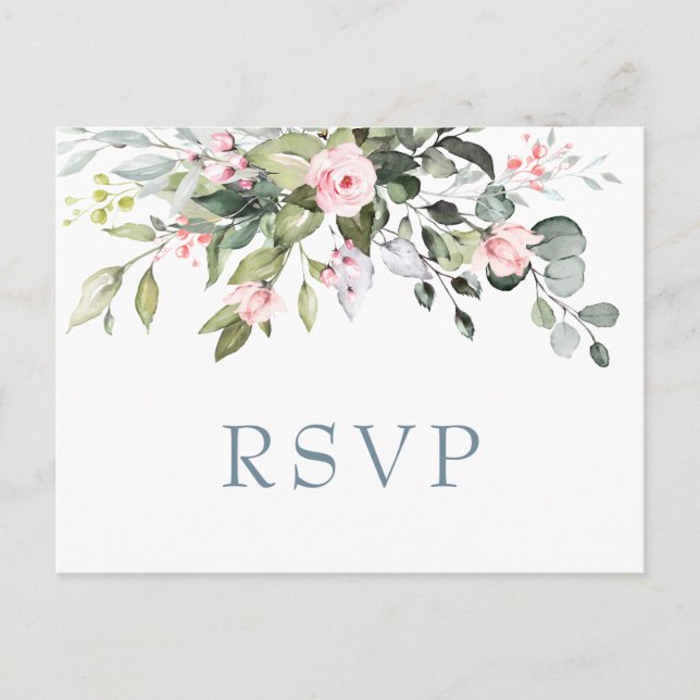 Convite de Casamento de Rosas Bege com Verde de Eu (Frente)