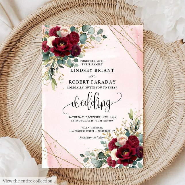 Convite de casamento de Rosas Blush Dourados para  (Luxury Boho Merlot Gold Blush Roses Wedding Invitation)