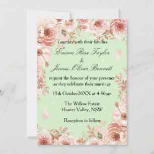 Convite de Casamento de Rosas Cor-de-Rosa e Hortel