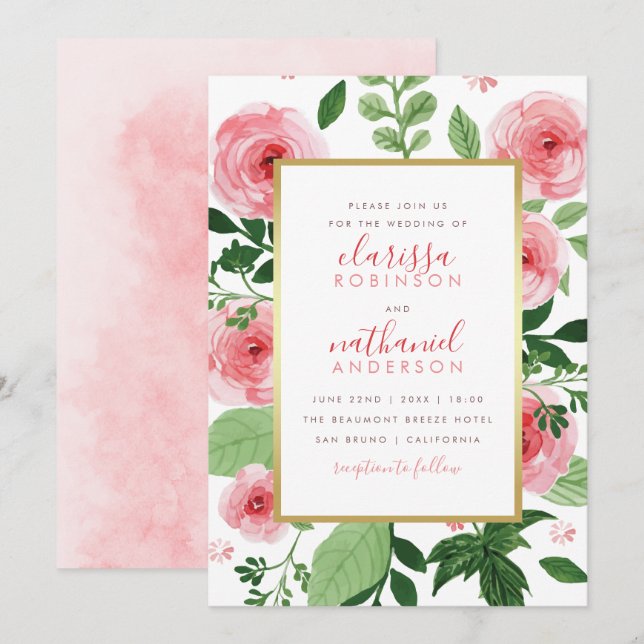 Convite De Casamento De Rosas De Aquarelas Florais (Frente/Verso)