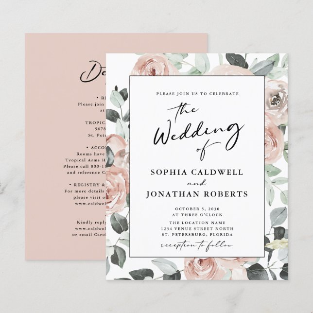 Convite de casamento de Rosas de Caligrafia Tudo e (Frente/Verso)