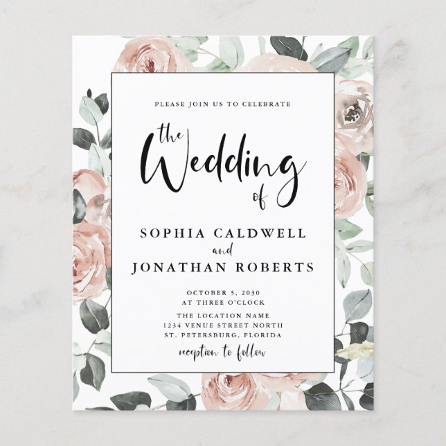 Convite de casamento de Rosas de Caligrafia Tudo e (Frente)