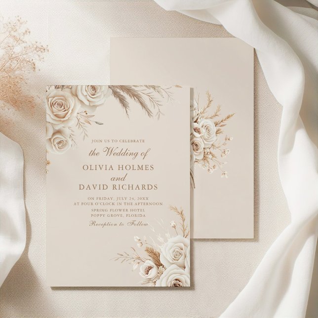 Convite de Casamento de Rosas de Marfim e Flores S (Boho Beige Dried Flower and White Roses Wedding Invitation on an elegant silky tableclothes
)