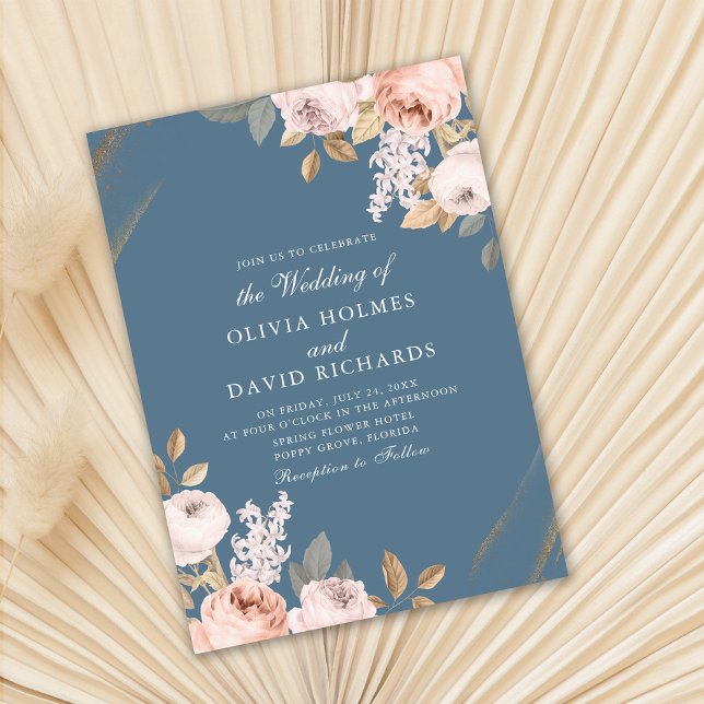 Convite de casamento de Rosas de pénia azul Elegan (Elegant Blue Peony Roses Wedding Invite on dry fan palm leaf.)