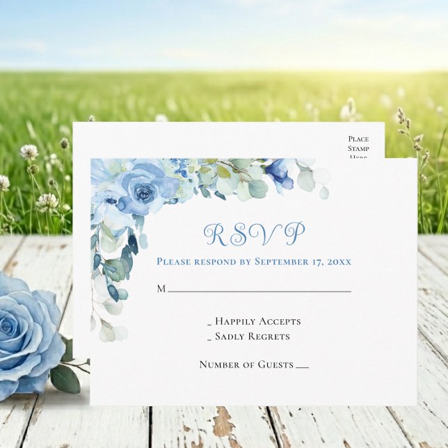 Convite de Casamento de Rosas em Aquarela Azul Flo (Criador carregado)