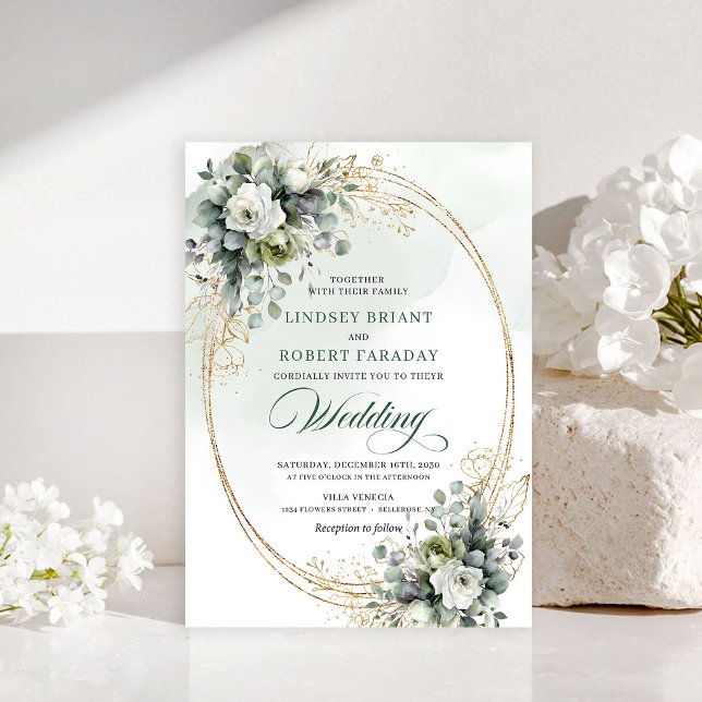 Convite de casamento de rosas verdes e douradas de (Luxe green and gold roses wedding invitation)