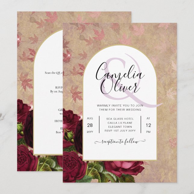 Convite de Casamento de Rosas Vermelhas Botânicas  (Frente/Verso)