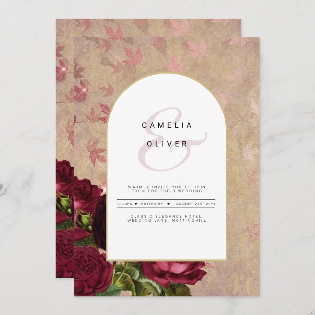 Convite de casamento de Rosas vermelhas Botânicas  (Frente/Verso)