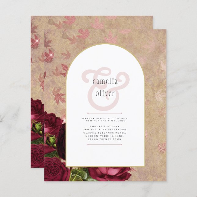 Convite de casamento de Rosas vermelhas Botânicas  (Frente/Verso)