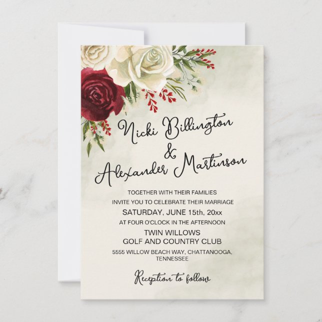Convite de Casamento de Rosas Vermelhas e Brancas  (Frente)