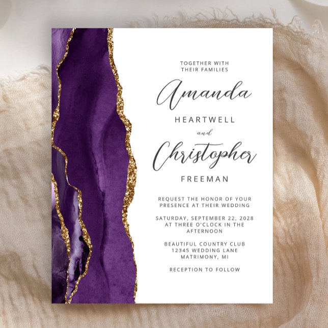 Convite De Casamento De Script Agate Dourado Roxo  (Criador carregado)