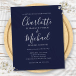 Convite de Casamento de Script Azul de Marinho de<br><div class="desc">Com nomes de estilo de assinatura,  este convite elegante para casamento de orçamento pode ser personalizado com suas informações em tipografia moderna. Projetado por Thisnotme©</div>
