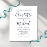 Convite De Casamento De Script Chic Azul De Marinh<br><div class="desc">Apresentando nomes de estilo de assinatura,  este elegante convite de casamento azul e branco para marinho de orçamento pode ser personalizado com suas informações em letra chic. Projetado por Thisnotme©</div>