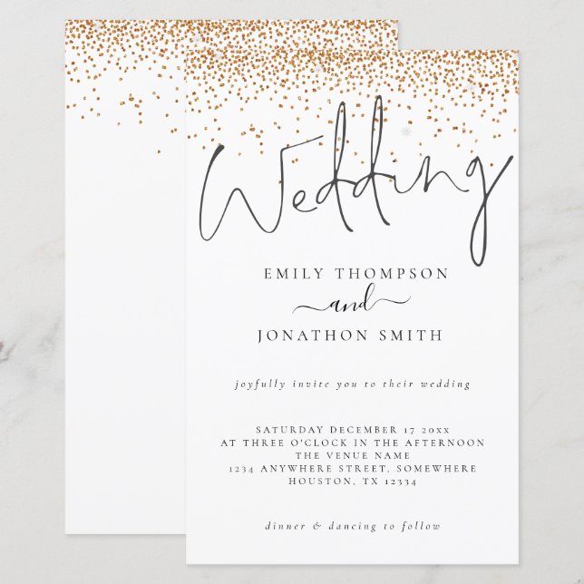 Convite de casamento de Script de Confetti Glitter (Frente/Verso)