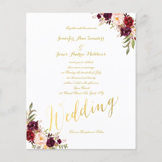 Convite de casamento de Script Dourado Floral da B (Frente)